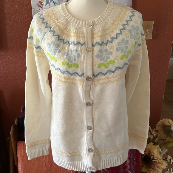 Sweaters - Cardigan Sweater Beautiful Flower Print Yellow and Blue No Size Please See Desc